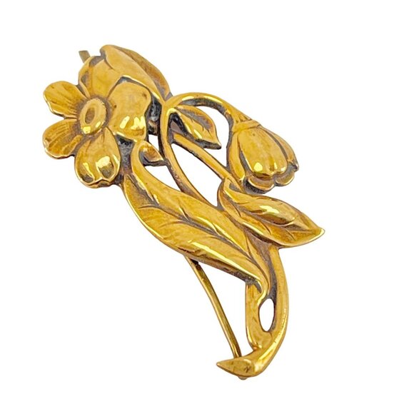 Art Nouveau Brass Flower Pin Brooch with C Clasp - Picture 1 of 7